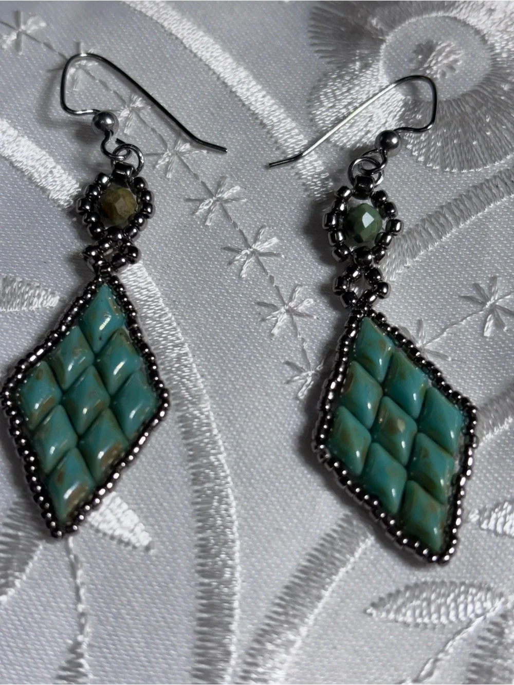Turquoise Green Beaded and SuperDuo Diamond Drop Earrings 2.5 inches